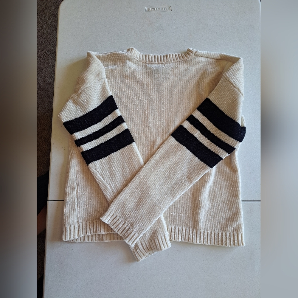 POOF New York Cream Sweater with Black Sleeve Stripes - Picture 4 of 4